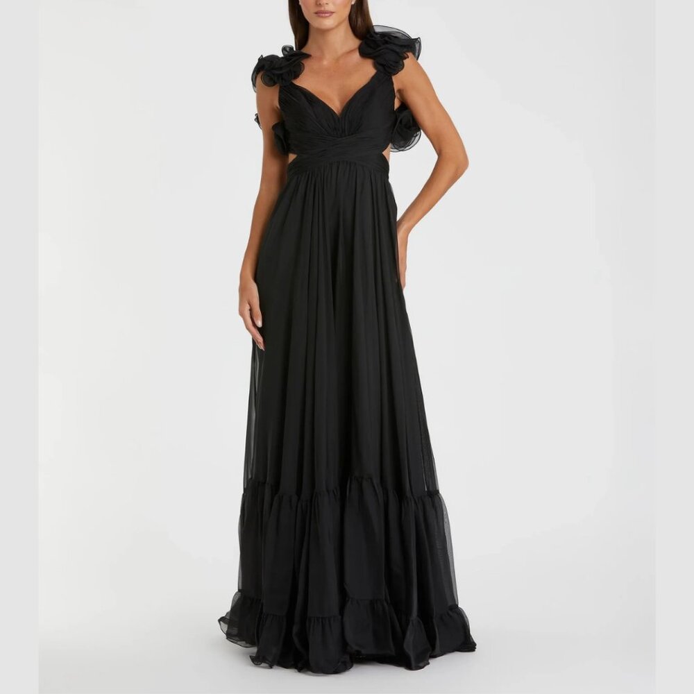 Mac Duggal 67911 Size 10 Black Indy Ruffle Corset Tiered Chiffon Gown Maxi Dress - Picture 3 of 4